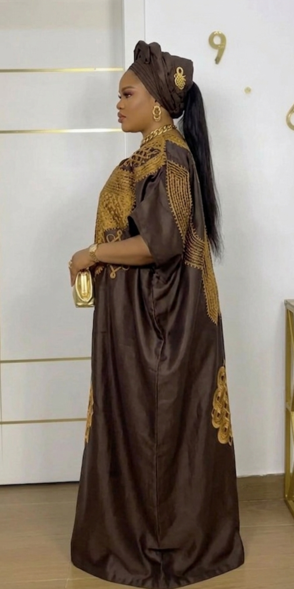 Stunning Chocolate & Gold Luxury Kaftan Boubou Set with Matching Scarf