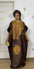 Stunning Chocolate & Gold Luxury Kaftan Boubou Set with Matching Scarf