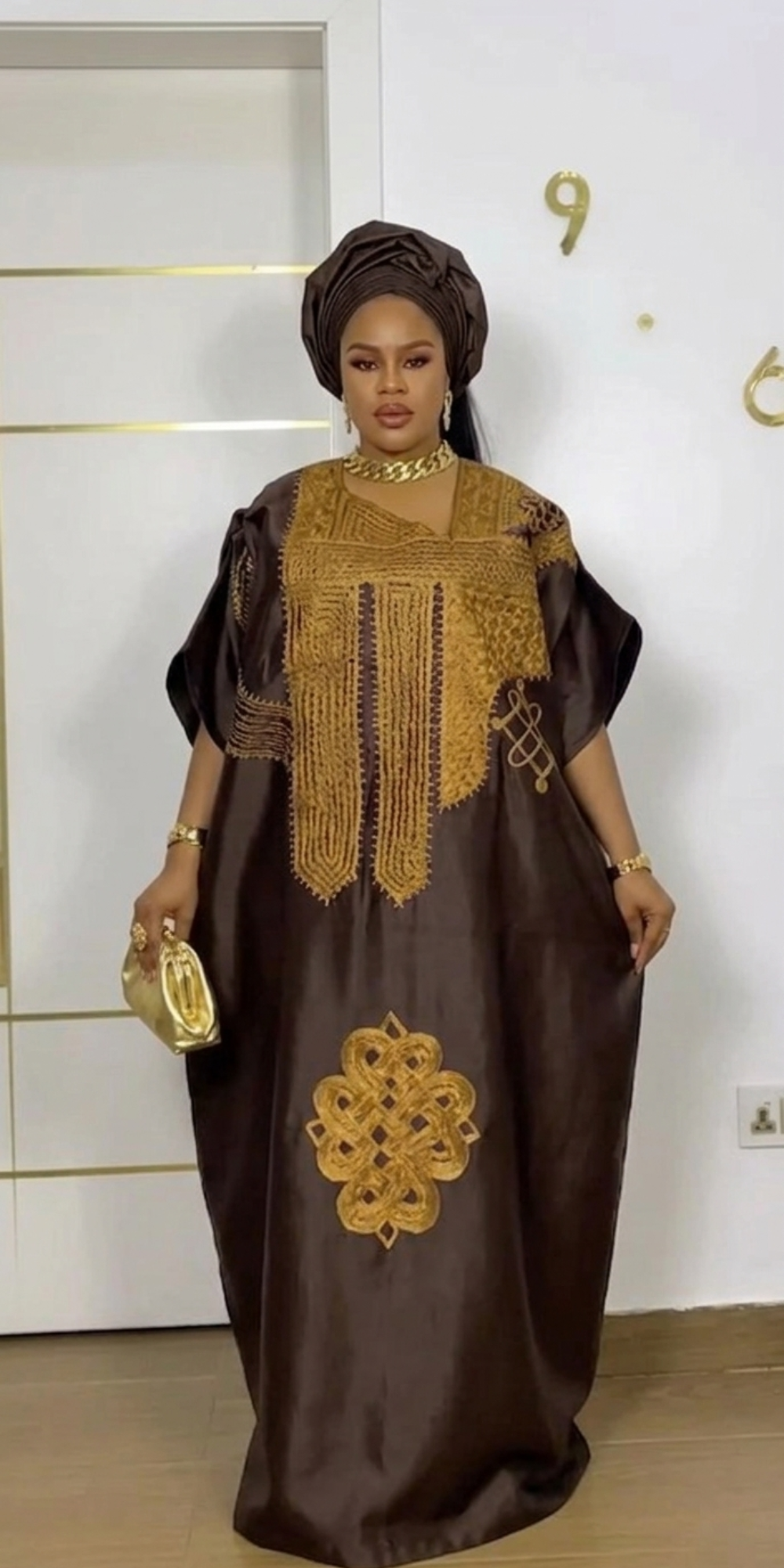 Stunning Chocolate & Gold Luxury Kaftan Boubou Set with Matching Scarf
