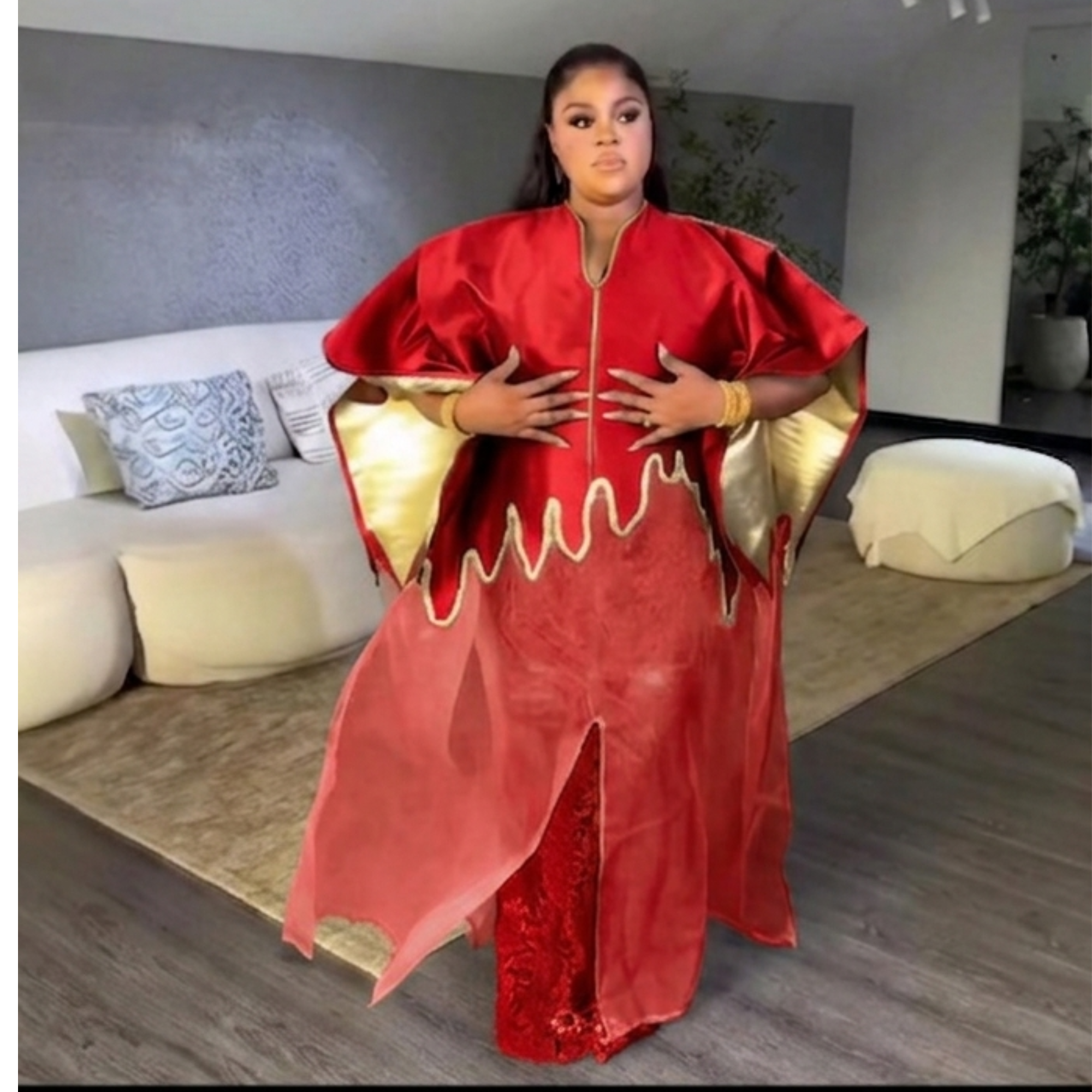 African Women 2 pieces Kaftan Set in Green and Red.Available in L XL and XXL
