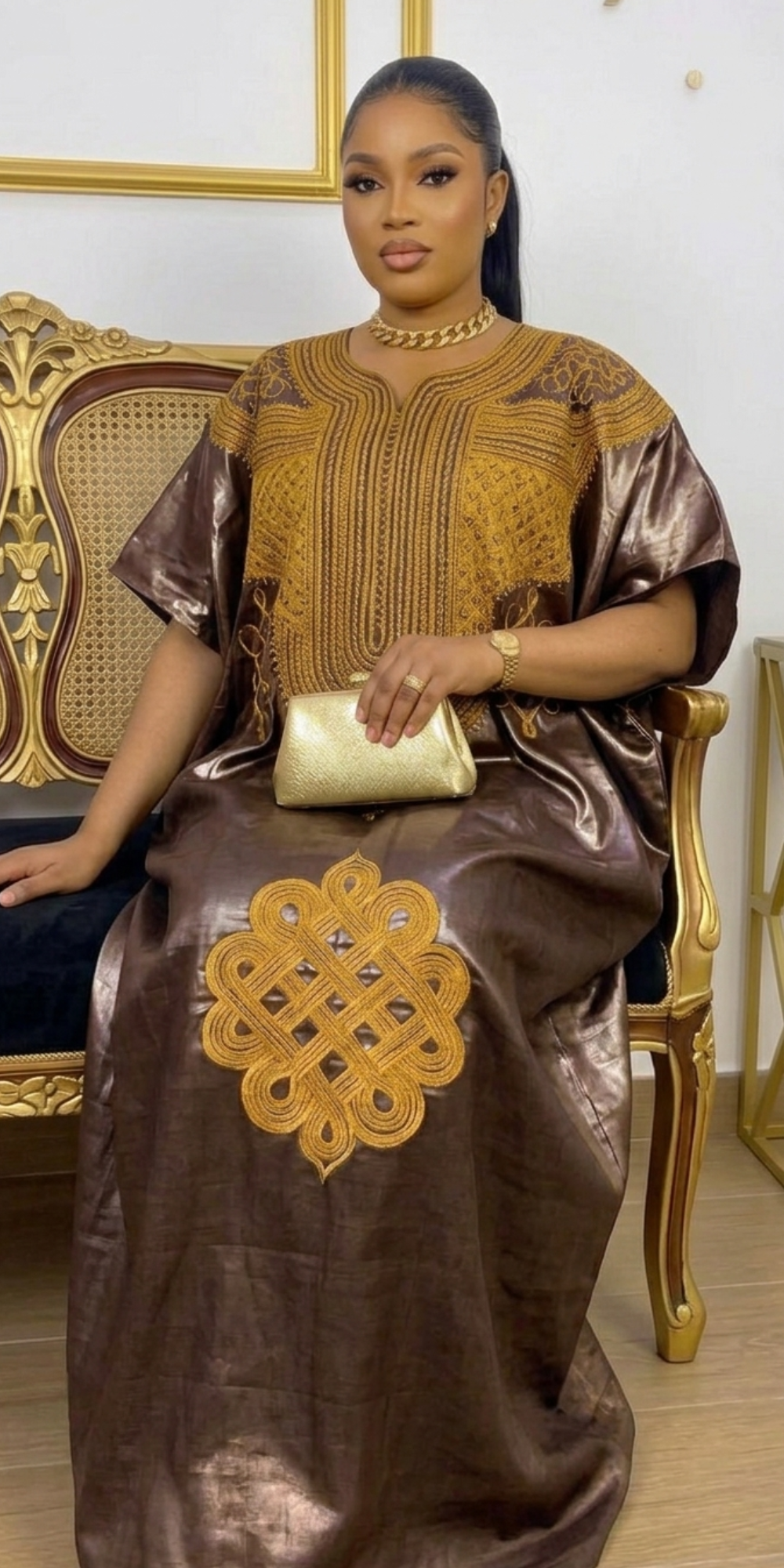 Stunning Chocolate & Gold Luxury Kaftan Boubou Set with Matching Scarf